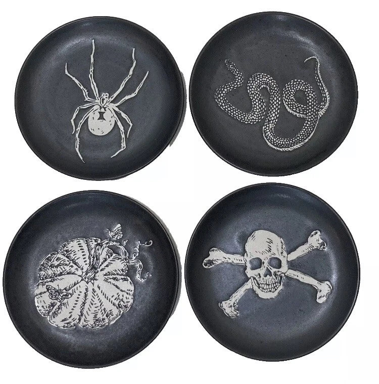 Threshold Stoneware 6” Halloween Appetizer Plate Set Of 4 Skull Crossbone Snake